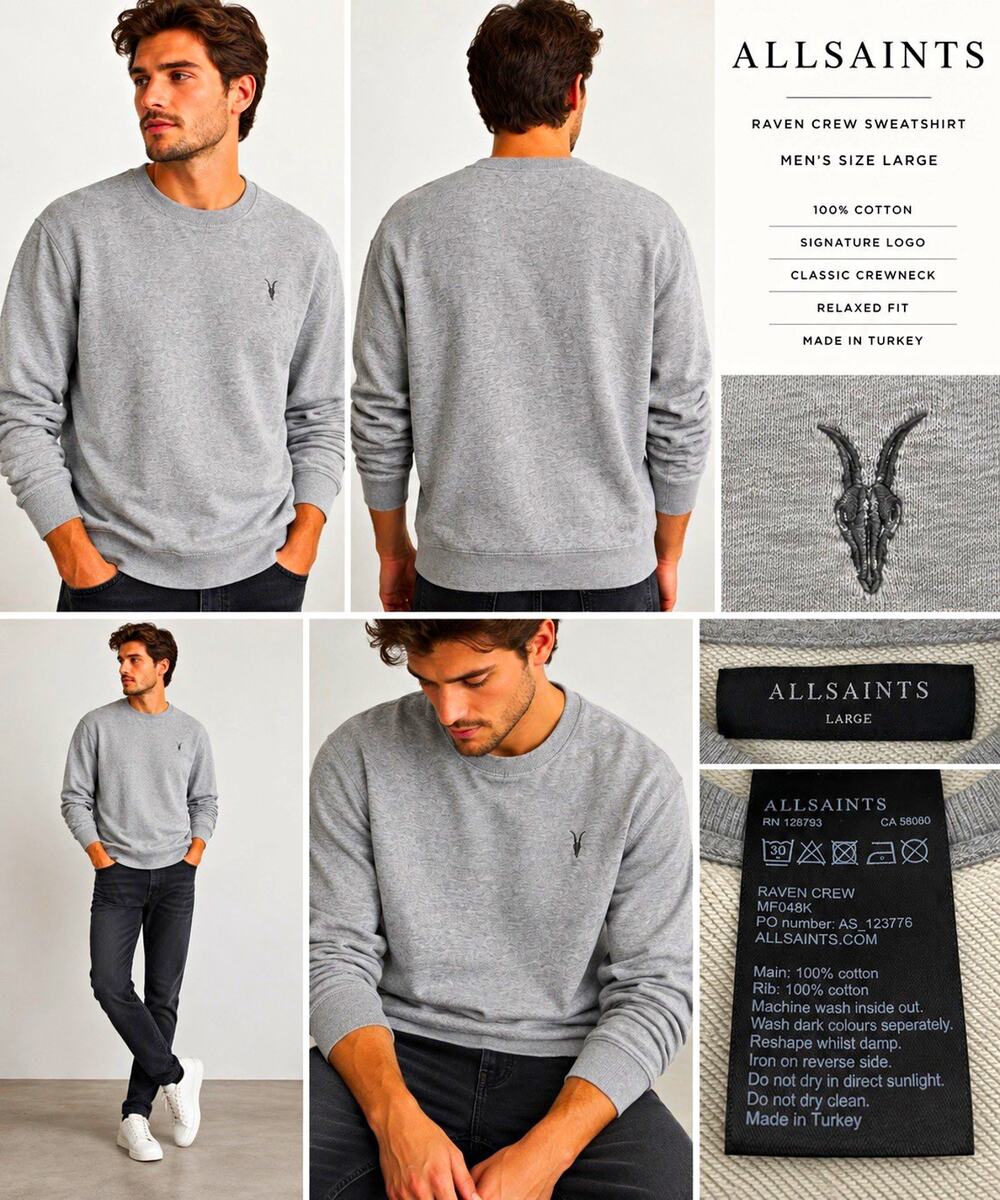 ALLSAINTS Raven Crew Crewneck Pullover Sweatshirt Gray Fleece Logo Men L